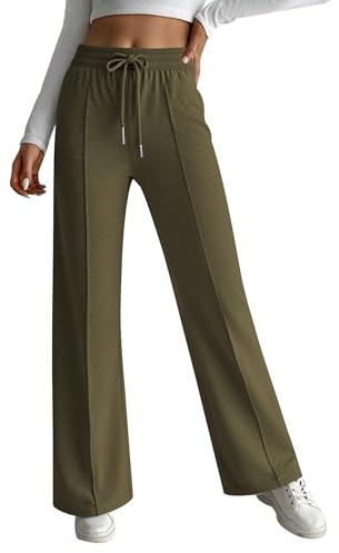 Hotouch Pantalon Femme Jogging Large Pantalon Décontracté Pantalons Taille Elastique Pantalon de Sport Pantalon Fluide avec Poches Vert armée M