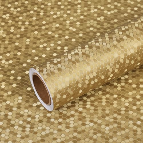 VEELIKE Carta da Parati Metallica Dorata Esagonale Strutturata Carta da Parati Effetto Metallico Oro Lussuosa Spessore Pellicola Adesiva Cucina Piano di Lavoro Lavabile Armadi Cassetti 40 cm x 300 cm