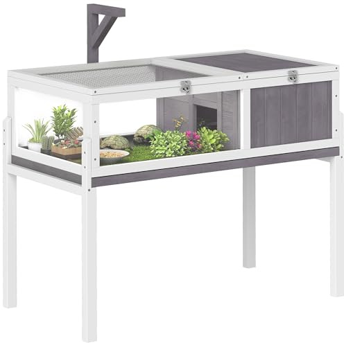 PawHut Casa para Tortugas de Madera, Terrario para Reptiles con 2 Techos Abatibles, Bandeja Extraíble, Soporte para Lámpara, Paneles Transparentes, Pestillo de Seguridad y Cuenco