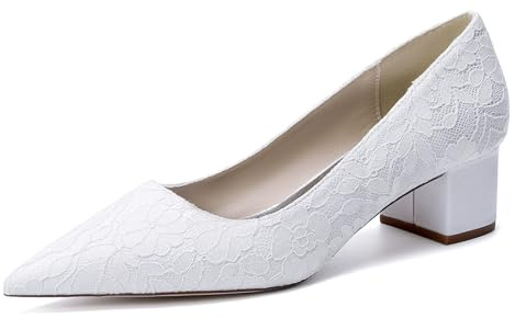 Décolleté da Donna con Tacco Basso A Blocco, Punta Appuntita Slip-On Scarpe da Matrimonio, Festa,Bianca,43 EU