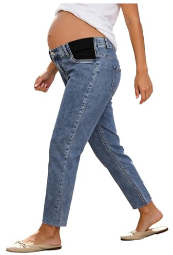 Jydiazi mammajeans låg midja jeans graviditetsbyxor stretch raka denim byxor röd fåll med justerbar linning för gravida kvinnor, blå, M