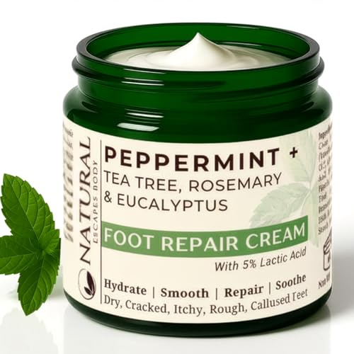 Natural Escapes Peppermint + Rosemary, Eucalyptus & Tea Tree Foot Cream for Dry Cracked Heels and Feet - Moisturizing Foot Lotion for Cracked Heel Repair - Callus Remover with Lactic Acid (4 oz)