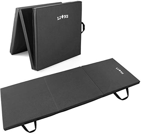 Lions Tri Folding Exercise Yoga Mat Fitness Pilates Physio Crash Water Proof Gym Workout Camping Non Slip (BLACK)