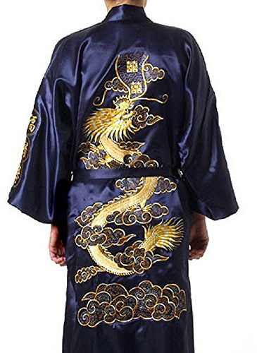 Oriental Clothing UK Stock Blue Silk Bath Robe Kimono Gown Dragon Embroidery Yukata Hakma Vintage Fast Delivery (Large)