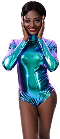 IWEMEK Damen Laser Metallic Langarm Ballett Tanz Trikot Leotard Glänzende Ballettanzug Ballettbody Tanzbody Lack Leder Bodysuit Wetlook Body Sport Gymnastik Turnanzug Top Kostüm Blau M