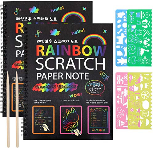 ruggito Rainbow Scratch Art for Kids,2 Rainbow Paper Books with 2 Pens 4 Painting Pattern Kids Arts and Crafts for Ages 4-12 Boys Girls Birthday Christmas Party Present
