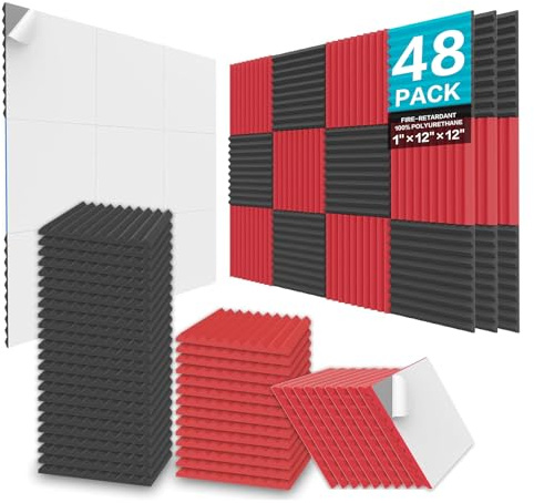 JBER 48 Pack Acoustic Foam Panels Self Adhesive, Sound Proofing Panels | 2.5 X 30 X 30cm Wedges Acoustic Treatment Foam for Recording Studios, Home Offices, Bedrooms, Gamerooms, Black & Red