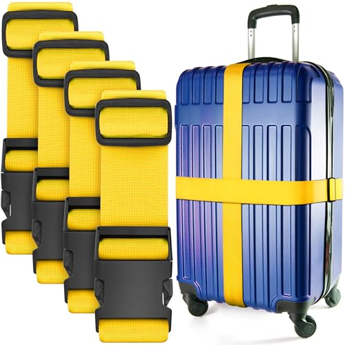 Cinghie per bagagli da Viaggio/Cinture per valigie - Gialle, confezione da 4 - Cinture in Nylon di Alta qualità per la sicurezza Dei bagagli - Lunghezza regolabile 1-2 metri - di BlueCosto