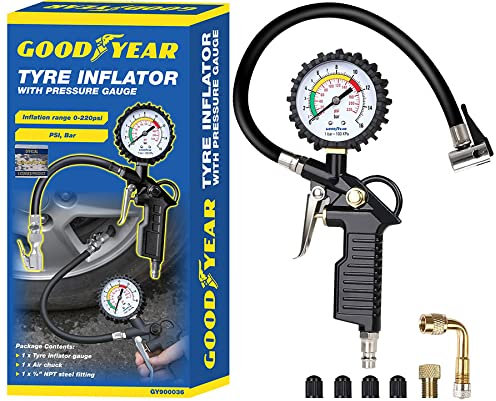 Goodyear 2 in 1 Tyre Inflator and Pressure Gauge Gun For Use with Air Compressor Includes Ruber Hose Quick Connect Coupler Accessories
