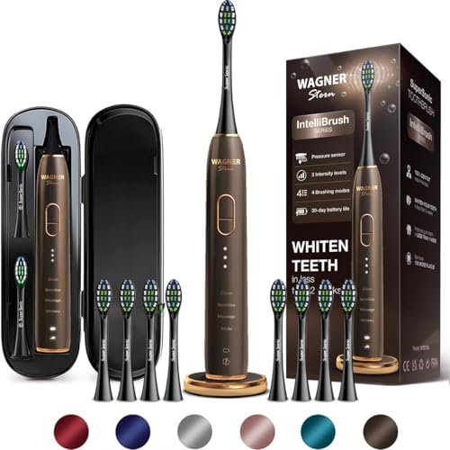 Wagner Stern IntelliBrush Series Whitening Electric Toothbrush with Pressure Sensor. Offers 4 Brushing Modes, 3 intensities, 8 Soft Brush Heads, and a Luxury Travel case.