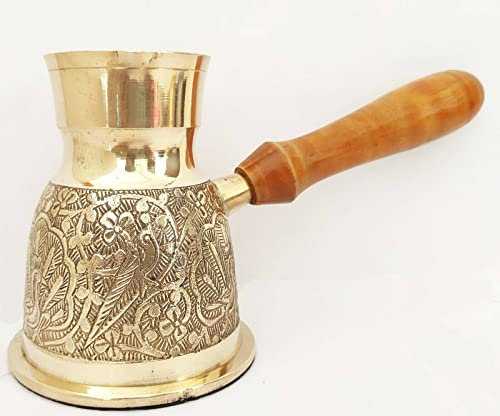 Sharvgun Golden turco griego árabe cafetera de latón metal cafetera Cezve Ibrik Briki con mango de madera (grande – 14 onzas) pavo real grabado