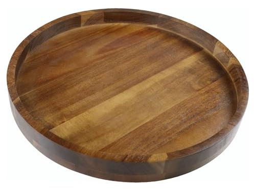 Acacia Wood Round Serving Tray, 13.8 Charcuterie Board with Rim, Decorative Centerpiece for Ottoman, Coffee Table, Couch, Kitchen Island, Round Serving Platter, 1 Pack