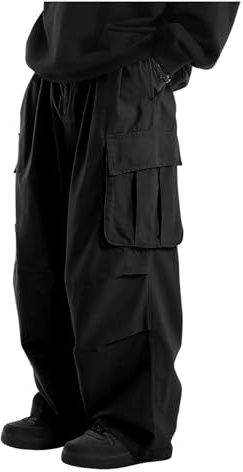 OYOANGLE Men's Drawstring Elastic Waist Flap Pockets Streetwear Baggy Cargo Pants Joggers Hiking Trousers Black L