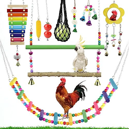 mumisuto 10 pezzi Giocattoli per Uccelli Giocattolo di Pollo, Giochi per Pappagalli, Colorato Giocattoli Pappagallo di Uccelli in Corda, Pollo Appeso Altalena Giocattoli Per Galline