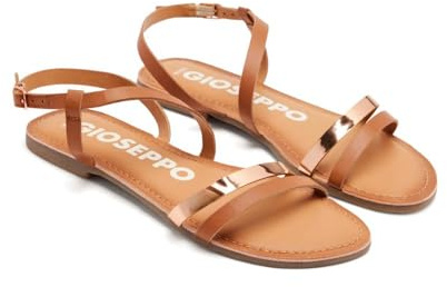 SANDALIAS DE PIEL CON TIRAS COLOR CUERO Y METALIZADO PARA MUJER BARGEME