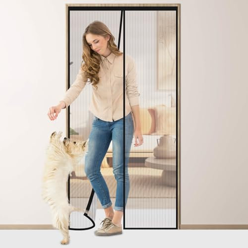 Flintronic Magnetic Fly Screen Door, 110x220cm Heavy Duty Mesh Curtain with Repair Subsidy, Fly Screens Doors Nets Patio Curtain Insect Mesh with Powerful Magnets & Full Frame Magic Tape, Black