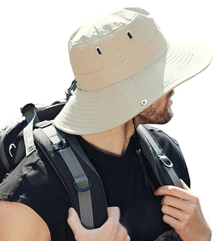 AIEOE Cappello da Pescatore Uomo Estivo Cappello da Sole Tesa Larga Uomo Cotone Cappello da Pesca Pieghevole Cachi