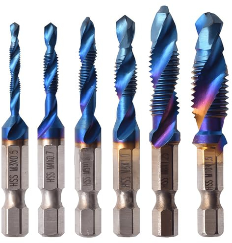 AWSGHLF 6 Pcs Combination Drill & Taps Bit Set - HSS Tap Drill Bit Set, M3 M4 M5 M6 M8 M10 HSS Screw Taps Tool Set 1/4 Hex Shank Fluted Screw Thread 6mm Hex Shank and Storage Case