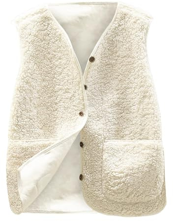 Joligiao Femme Gilet en Molleton Polaire Veste Élégante Manteaux sans Manche Col Montant Blouson Mode Bouton Matelassée Veste en Décontractée avec Poches Automne Hiver Gilet Doux Sherpa(Beige,XL)