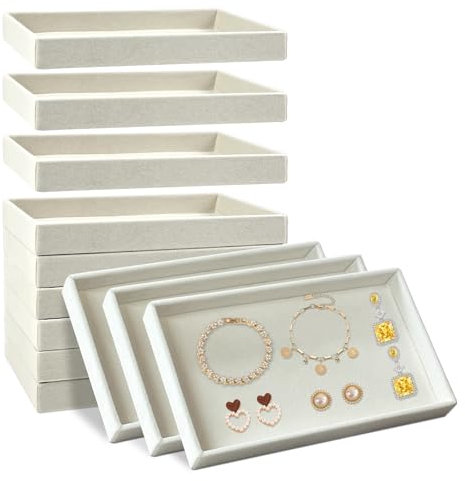 12 Pack Velvet Jewelry Trays, 20x11.7x2.3cm Premium Stackable Jewelry Drawers Organizer Inserts for Women Girls, Beige Jewelry Storage Display Trays for Necklace Earring Ring Bracelet (1 grid)