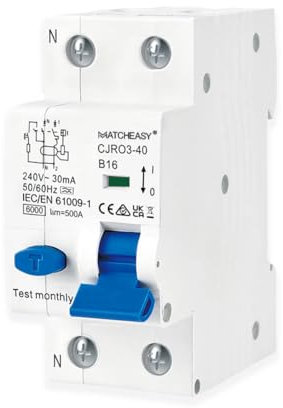 Fi Ls Schalter 16A, Fi Schutzschalt B16, Elektromagnetisch Fehlerstromschutzschalter mit RCBO 30mA, RCD Protected Circuit Breaker, Type A, 230V, 1P+N, Kurve B