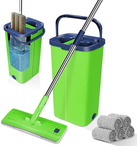 Zvonema Serpillière Seau Essoreur, Balai Serpillère Microfibre avec 5 Serpillères Réutilisables, Serpillière Plat Rotatif 360°, Serpillière Plate Seau Essoreur pour Nettoyage Tous Types de Sols, Vert
