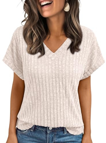 AUTOMET Womens Spring Tops 2026 Summer Dressy Casual Blouses Short Sleeve Cute V Neck Sweater Shirts Fashion Vacation Clothes Apricot L