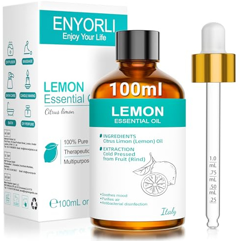 ENYORLI Zitronenöl Ätherisches Öl, Ätherische Öle Zitrone 100mL Citrus Limon für Massage, Hausreinigung, Aromatherapie, Diffuser, Selbstgemachte Seife, Kerzen, Raumduft