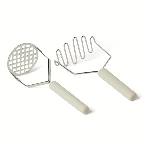 Amazon Basics Presse-Purée, Lot de 2 Pièces, Poignée Ergonomique Souple, Passe au Lave-Vaisselle, Gris Lin