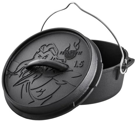 Feuergott Dutch Oven Mini casserole en fonte sans pieds 1,5 l pour pain, camping, four, cuisinière, induction – Cocotte pour petits plats, rations, accompagnements, ménage célibataire, cuisine, rôti