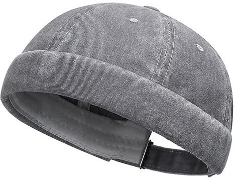 DIYDECAL Vintage Washed Cotton Sailor Docker Cap for Men, Brimless Skull Cap with Classic Retro Style Grey