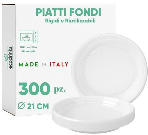 ecodrinks - 300 Piatti Fondi Bianchi da Ø21cm - RIUTILIZZABILI - Base Antiscivolo, Robusti e Lavabili - Ideali per Sagre, Feste, Eventi - Scelta Ecologica e Sostenibile