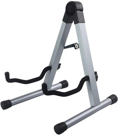 KiBcsLic Soporte para Guitarra Plegable Estructura Metálica Antideslizante con Espuma Protectora Compatible para Guitarra Eléctrica Bajo Ukulele Adecuado para, Gris Aluminio
