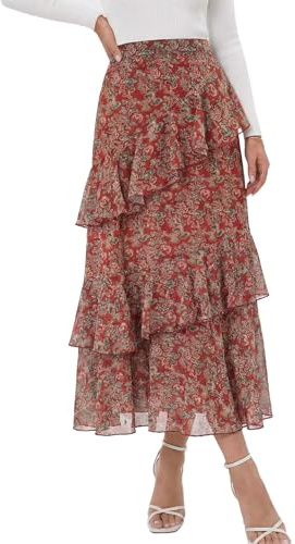 DERAX Women's Floral Boho Midi Skirt A Line Tiered Ruffle Chiffon High Waist 2026 Spring Summer Long Skirts Red L