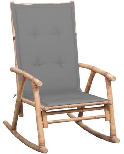 Yunovire Schaukelstuhl mit Auflage, Bambus Massivholz, 66x86x105 cm, Grau, Wasserabweisend, für Garten, Terrasse, Balkon, Innen- & Außenbereich, Bequemer Relaxsessel