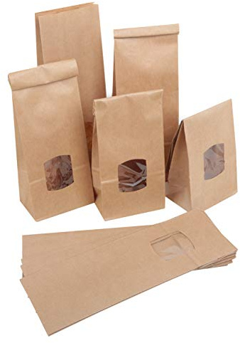 Bolsas de papel kraft grandes con base plana y ventana, 10 unidades: envoltorios Navidad marrones para galletas, dulces, té, café, regalos navideños, alimentos, festiva, 10,5 x 6,5 x 29 cm