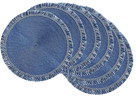 DII Woven Placemat Collection Round, 14.75 Diameter, Nautical Blue Fringe, 6 Piece