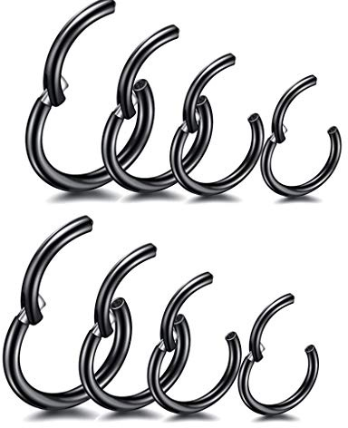 8 pezzi 6/8/10 / 12mm 16G anello al naso in acciaio inossidabile nero donna uomo setto anello anello al naso set orecchio labbro naso piercing piercing al labbro cartilagine orecchini a cerchio