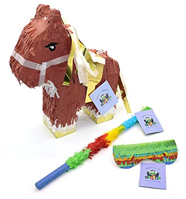 Nislai® Pferd Pinata Set | Ideal für Geburtstag, Hochzeit, JGA Party | Geschenkidee | Party Dekoration oder Pinataspiel | Inkl. Schlagstock und Augenmaske | 43x33x10