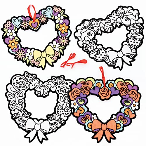 Baker Ross FC465 Heart Fuzzy Art Wreaths - Pack of 10, Fuzzy Art Sheets, Colouring Activity, Valentine Crafts