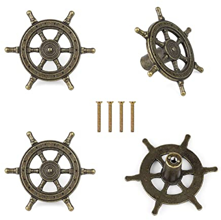 GEBAUM Möbelknöpfe, 4 Stück schrankgriffe Vintage, Schrankknöpfe mit 4 Langen Schrauben,Geeignet für Schränke, Kleiderschränke, Kommoden, Bücherregale, Schubladen（Schiffsruder Form）
