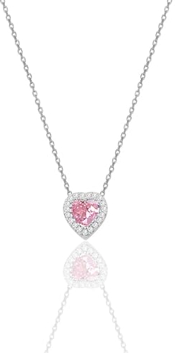 Einzelstück® Halskette mit Herz Anhänger 925 Sterling Silber I Damenhalskette Zirkonia Herz Kristall I Silberkette Collier L'amour (Rosa Herz Silber Kette)