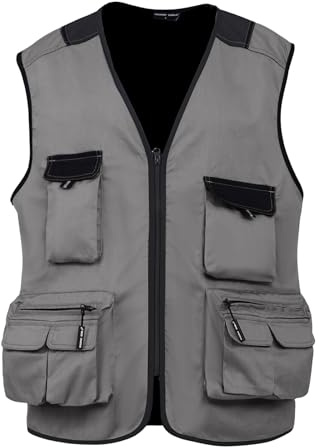 WORK IDEA Gilet da uomo Outdoor Multi-Pocket-Angelweste Lichtfeldweste Tarnweste Gilet estivo multifunzionale traspirante Angelweste.., grigio., 3XL