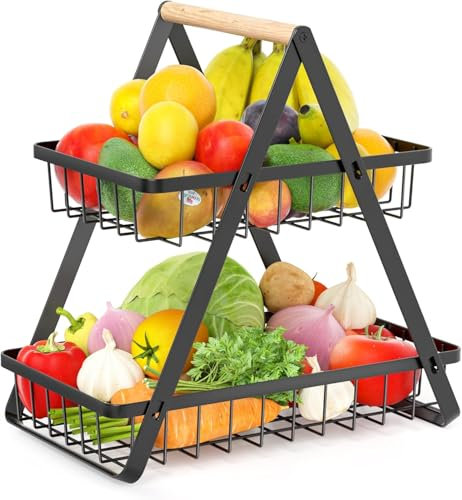 2 Tier Fruit Basket,Vegetable Rack,Bread Basket,Detachable Mesh Fruit Baskets With Wooden Handle,Vegetable Storage Rack For Kitchens Home,Office,Vegetables,Onion,Banana,Potato,Snack Basket(Black)