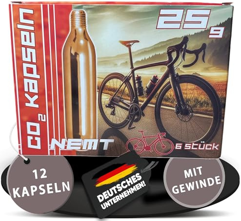 12 NEMT 25g CO2 Kartuschen MIT Gewinde für alle CO2 Fahrradreifenpumpen mit Gewinde für Rennräder und Mountainbikes