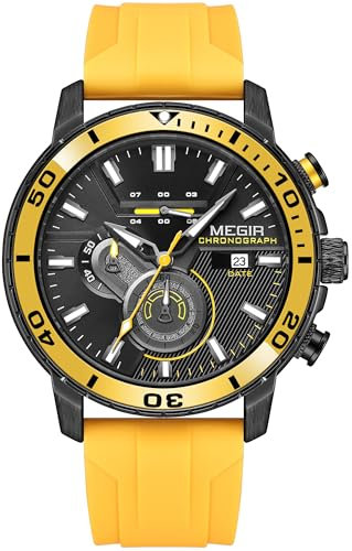 Herrenuhr Gelb Silikon Armbanduhr mit Chronograph Tag Kalendar Sportliche Mode Quarzuhr Leuchtender Zeiger