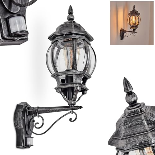 HOFSTEIN utomhusvägglampa Lentua, utomhusvägglampa med rörelsedetektor av metall/plast i svart/silver/klar, utomhusvägglampa i vintage/antik/landsbygdsdesign, trädgård, innergård, ytterdörr, E27, IP44