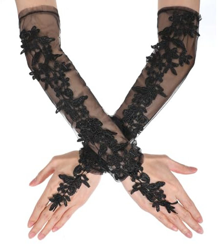 Lnngub 2 Stück/1 Paar Lange Fingerlose Spitzenhandschuhe für Damen, 49cm Schwarze Fingerlose Lange Handschuh Blumenspitze Brauthandschuhe aus Polyester für Hochzeiten, Partys, Aufführungen, Tanzpartys