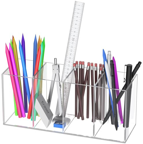 Uniclife Porte-stylos en acrylique transparent, Organisateur de stylos avec 4 compartiments, Organisateur de papeterie pour le bureau et l'école, Porte-pinceau de maquillage vertical, 23x10x7,5 cm