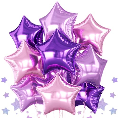 Purple Pink Star Foil Balloon, 10PCS Foil Stars Shape Balloons, 18 Inch Metallic Pink and Purple Stars Balloons for Helium Pentagram Balloon for Girls Birthday, Butterfly, Anniversary Party Decoration
